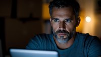 Mature Caucasian man with gray beard working late at night on laptop, illuminated by screen glow in dark room. Focused professional in blue casual wear.