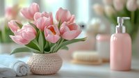 Pink tulips in woven basket with spa accessories and towels create serene wellness atmosphere for beauty and self-care routines.