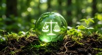 Green glass sphere with justice scales symbol on fertile soil surrounded by lush forest vegetation representing environmental law and sustainable legal practices.
