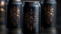 Elegant black aluminum can with copper ornamental floral pattern design against dark background. Premium beverage packaging mockup for luxury drinks.