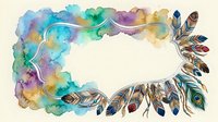 Watercolor frame with colorful feathers and paint splashes on cream background. Decorative border for invitations, cards, and artistic projects.