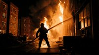 Brave firefighter battles intense flames in urban street scene with dramatic orange glow and smoke billowing between brick buildings during emergency response.