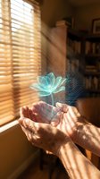 Cupped hands holding holographic lotus flower with digital elements in warm sunlit room with window blinds creating striped light patterns on wooden interior.