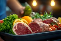 Fresh raw beef steaks with vegetables on tray in restaurant kitchen. Chef preparing meat with herbs, tomatoes and greens for cooking dinner meal.
