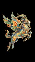 Ornate decorative goat with intricate swirling patterns in gold, orange, teal and navy. Isolated on transparent background, ready for t-shirts, stickers, clipart and print-on-demand designs.
