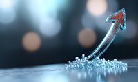 Glowing blue crystal arrow pointing upward emerges from scattered particles against dark bokeh background, symbolizing growth, success and digital transformation.