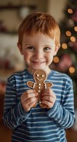 Young child with red hair holding homemade gingerbread man cookie during Christmas season, festive bokeh lights in background.