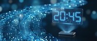 Digital clock displaying 20:45 time floating above smartphone on abstract blue technology background with glowing particles and data streams.