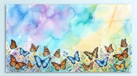 Watercolor butterflies and wildflowers on a pastel rainbow background, soft artistic border with copy space for cards and prints.