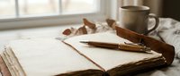 Cozy autumn morning scene with open notebook, fountain pen, coffee cup and fallen leaves on windowsill creating warm atmospheric workspace for writing and journaling.