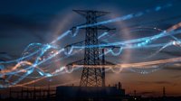 High voltage electrical transmission tower with glowing energy streams and light trails against dramatic twilight sky for power grid concepts.