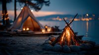 Cozy camping scene with glowing campfire and illuminated tent at twilight by serene lake. Outdoor adventure and wilderness retreat atmosphere for travel content.