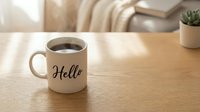 Steaming white coffee mug with Hello lettering on wooden table in cozy sunlit room with soft decor and green plant.