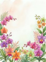 Watercolor orchid frame with colorful tropical flowers and green leaves on soft pastel background, copy space for text or greeting card design.