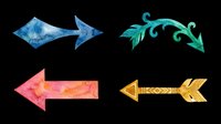 Watercolor and decorative arrow set with four directional pointer designs in blue, teal, pink, and gold isolated on transparent background. Ready for clipart, t-shirt design, stickers, sublimation, and print-on-demand projects.