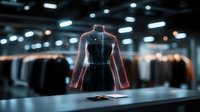 Futuristic holographic display of fashion garment floating in dark retail space with glowing neon edges against blurred clothing rack background. Modern shopping technology.