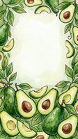Watercolor avocado and pear frame with green leaves on cream background, isolated design ready for menus, recipe cards, food packaging, and culinary marketing materials.