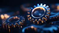 Metallic gears with blue lighting effect against dark background showcase industrial machinery and mechanical engineering concept for business solutions.