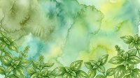 Watercolor basil leaves and herbs border on soft green and yellow wash background, suitable for culinary designs, recipe cards, and kitchen decor projects.