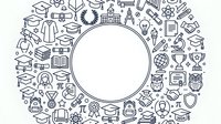 Graduation and education icons arranged in circular frame with blank center space for text, featuring line art symbols of mortarboard caps, books, diplomas, trophies, and academic elements. Isolated on white background, ready for design use.