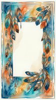 Boho feather frame with watercolor background in blue and orange tones, isolated on white space for design, invitations, and greeting cards.