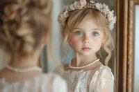 Young girl with blue eyes wearing white lace dress, pearl necklace and floral crown looking in mirror, soft natural lighting creates dreamy atmosphere.