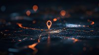 Glowing location pin marker floating over digital city map with network connections and bokeh lights in dark blue and orange tones. Modern navigation concept.