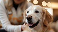 Smiling golden retriever dog close-up portrait with blurred person in background. Warm bokeh lights create cozy atmosphere for pet photography and veterinary care.