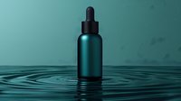 Dark teal glass dropper bottle standing in rippling water with circular waves, dramatic lighting on minimalist background for cosmetic and wellness products.