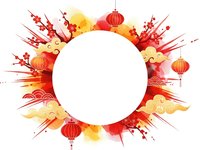 Festive Asian celebration frame with red lanterns, golden clouds and dynamic brushstrokes surrounding white circular space for text or design elements.
