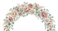 Watercolor floral arch with blush pink and beige roses, eucalyptus leaves and pampas grass on white background for wedding invitations and romantic designs.