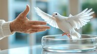 White dove landing on extended hand near glass bowl, wings spread gracefully against soft blue background, symbolizing peace, hope and freedom.