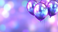 Shiny purple and blue metallic balloons floating against blurred bokeh background in pastel colors, creating festive party atmosphere.