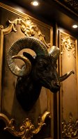 Black ram head mount with curved horns displayed on ornate gold decorative wall panel with baroque flourishes and warm lighting for luxury interior design and upscale home decor.
