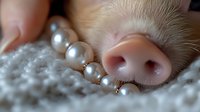 Pink pig snout close up with pearl necklace on soft gray textile, creating whimsical and tender composition for greeting cards and creative designs.