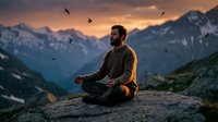 Young bearded man meditating in lotus position on mountain peak at sunset with flying birds and dramatic alpine landscape creating peaceful spiritual moment.