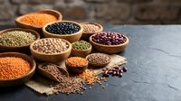Assorted legumes and grains in wooden bowls on slate surface, including lentils, beans, and seeds for cooking and nutrition content.