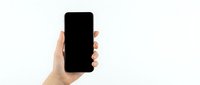 Hand holding black smartphone with blank screen isolated on white background for mockup and app presentation design.
