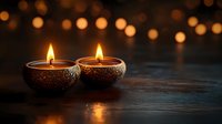 Two ornate oil lamps with glowing flames create warm ambiance against bokeh lights background for Diwali celebration and festive decoration.