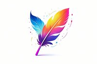 Vibrant rainbow colored feather with gradient effect from blue to pink and yellow, surrounded by delicate dots and swirls on white background, isolated design element.