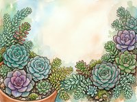 Watercolor succulent garden border frame with colorful plants and soft pastel background for botanical design projects and natural decoration.