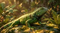 Green iguana basking on wooden log in tropical rainforest with golden sunlight filtering through lush fern vegetation creating natural wildlife habitat scene.