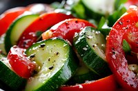 Fresh sliced zucchini and tomatoes seasoned with herbs and spices in macro view, vibrant vegetables for healthy Mediterranean cuisine preparation.