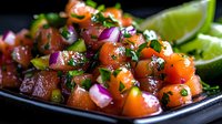 Fresh homemade salsa with diced tomatoes, red onions and cilantro garnished with lime wedges in black serving dish for Mexican cuisine and healthy eating.