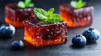 Orange jelly cubes garnished with fresh mint leaves and blueberries on dark background, sparkling with water drops. Refreshing dessert concept.