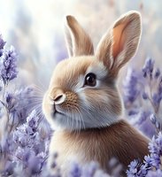 Adorable brown rabbit with fluffy ears sitting among purple lavender flowers in soft dreamy light for spring nature designs and Easter decorations.