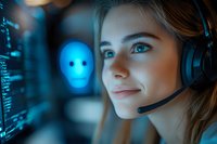 Young female customer service representative wearing headset with glowing blue AI face in background, representing modern technology support and artificial intelligence.