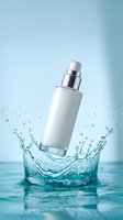 White cosmetic bottle with silver pump dispenser splashing into clear blue water with dynamic droplets and ripples for skincare advertising.
