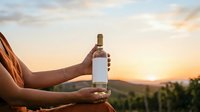 Sommelier holding wine bottle at sunset in vineyard landscape, showcasing winery product for marketing and hospitality advertising.