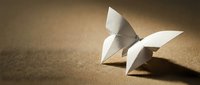 White paper origami butterfly on textured brown surface with soft lighting and shadow creating minimalist artistic composition for craft projects.